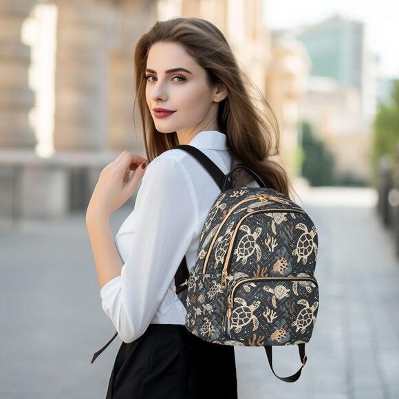 6026 Sea Turtle Coral Reef Black Backpack Purse Fashion Shoulder Bag